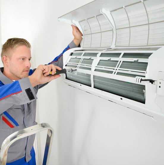 Collage of residential HVAC repair, installation, thermostat, and cooling equipment imagery